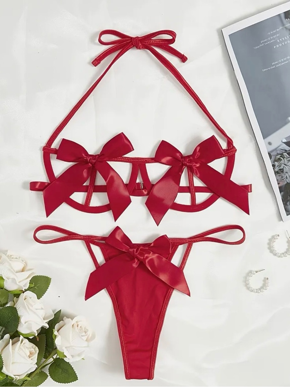 Red Ribbon Bow Accent lingerie Set - Women